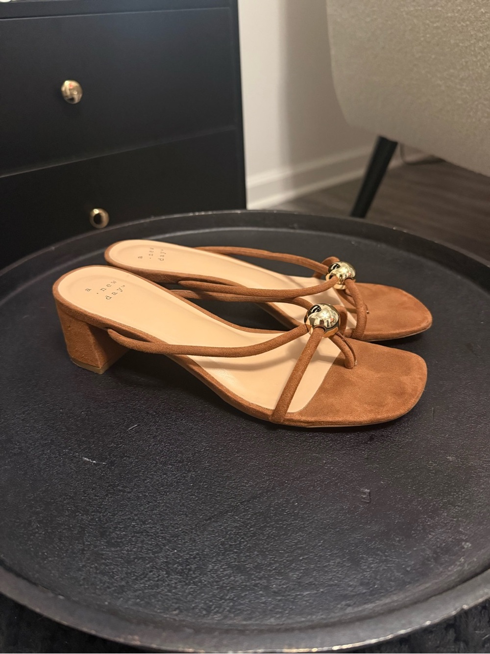 A New Day Women’s Tan Suede Block Heel Sandals with Gold Accent Size 6.5